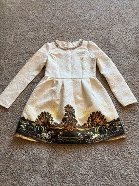 Handmade Kentucky Derby Ivory & Gold Scenic Border Long-Sleeve  Dress